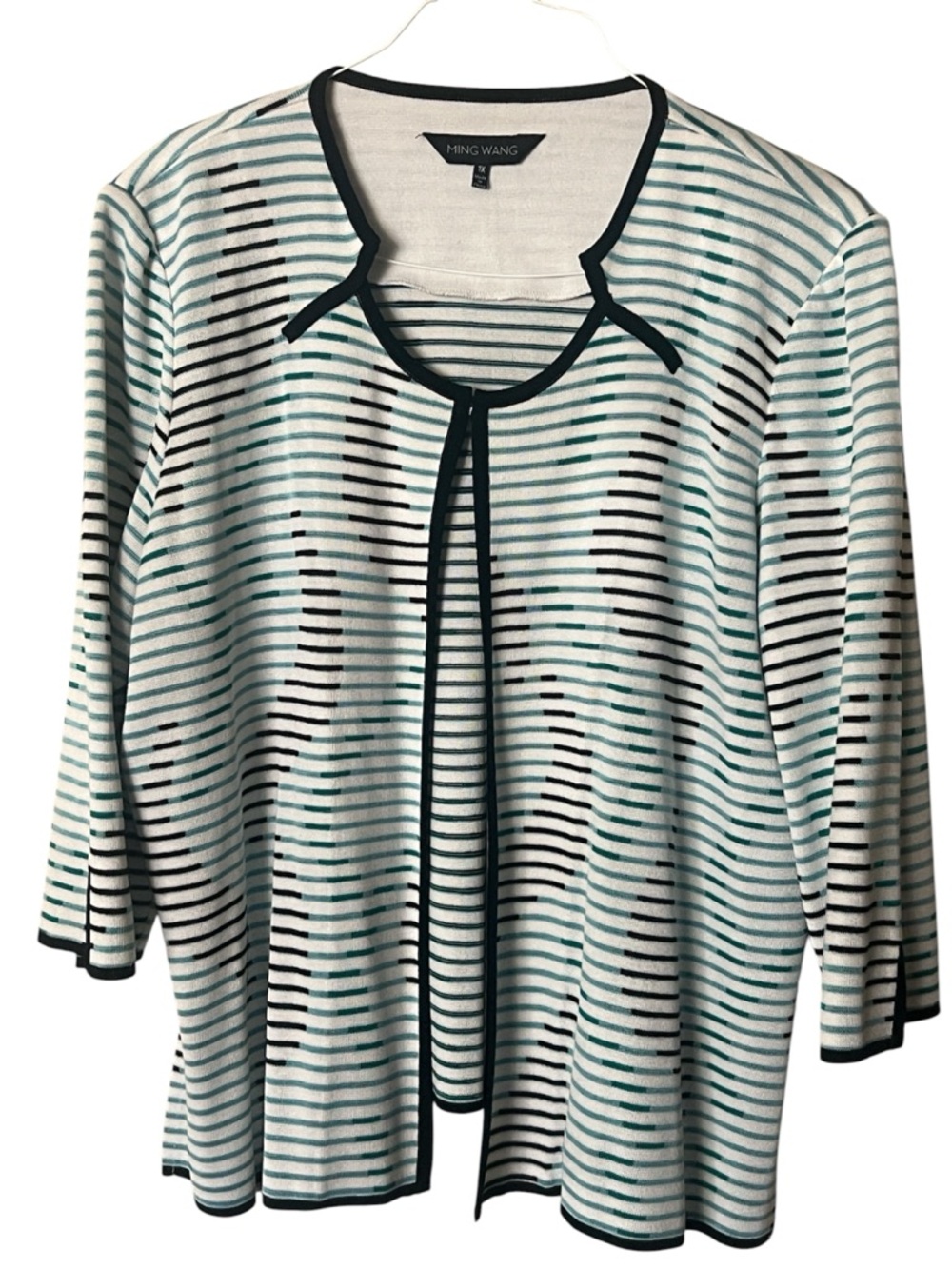 Ming Wang Knit Cardigan Jacket Sz 1X White Striped Career Open Front 3/4 Sleeve